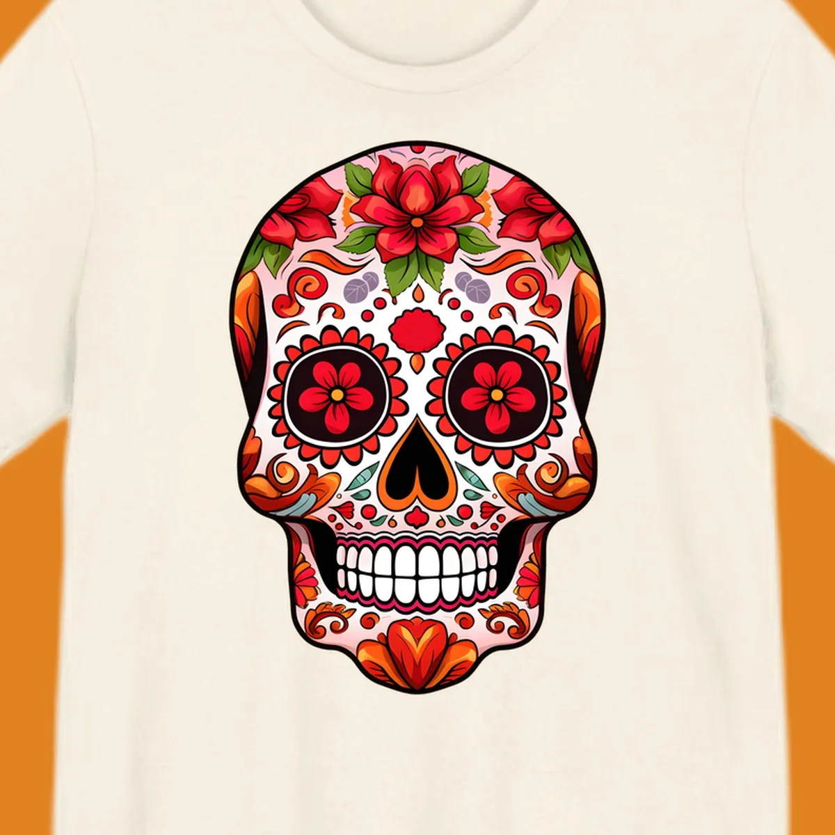 A vibrant floral sugar skull illustration, adorned with red and orange flowers, green leaves, and intricate swirling patterns.