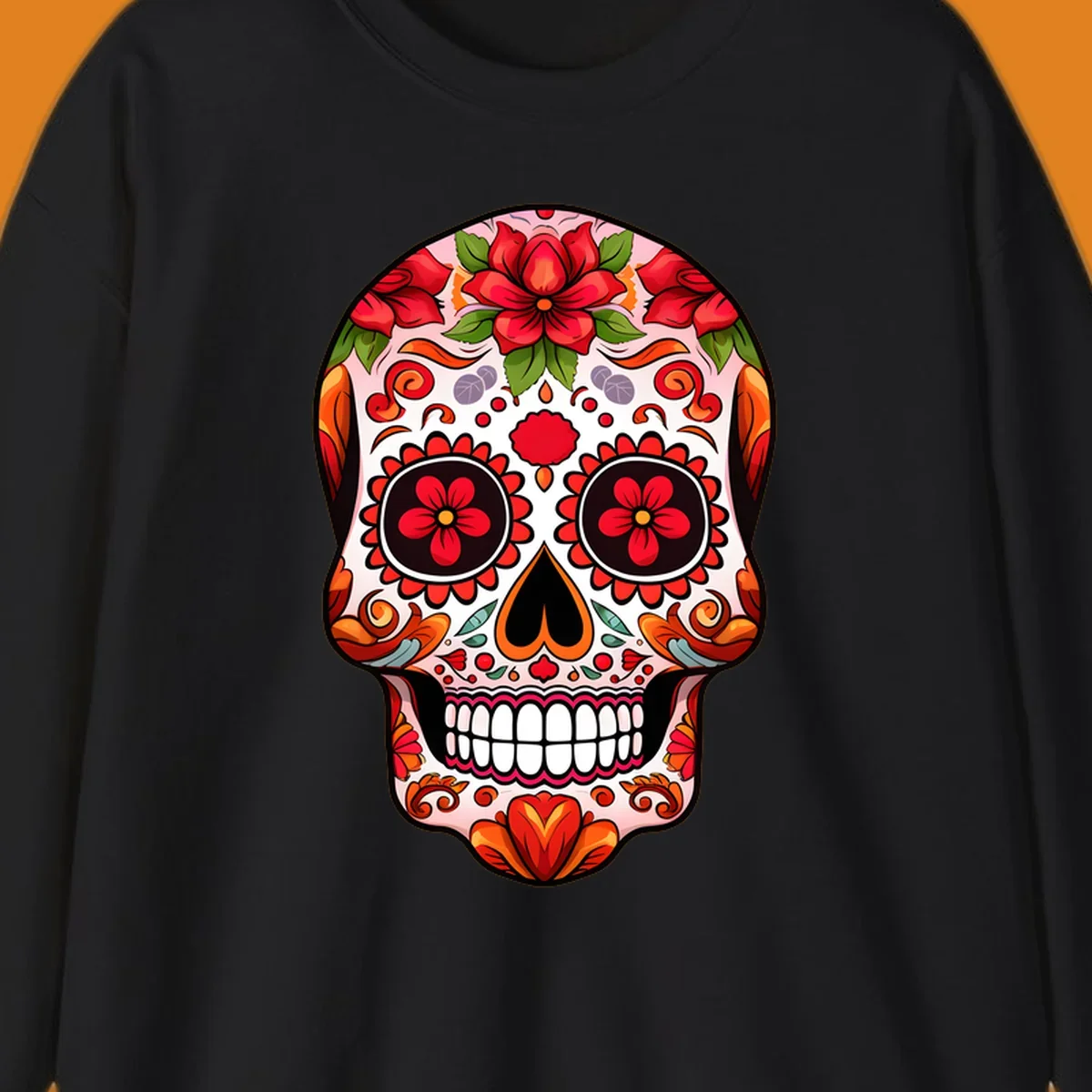 A vibrant floral sugar skull illustration, adorned with red and orange flowers, green leaves, and intricate swirling patterns.
