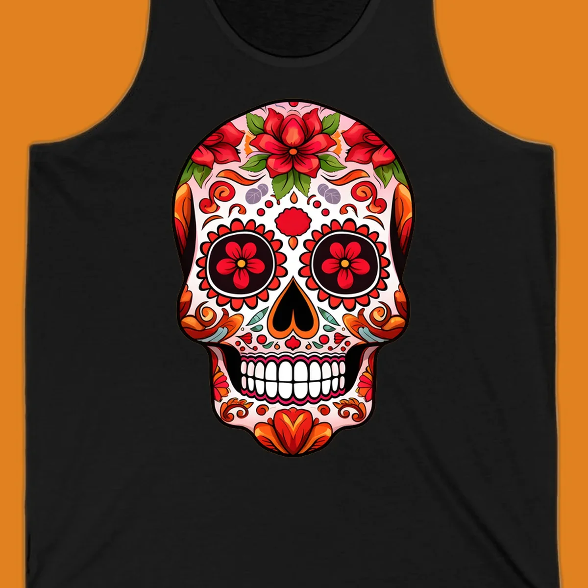 A vibrant floral sugar skull illustration, adorned with red and orange flowers, green leaves, and intricate swirling patterns.
