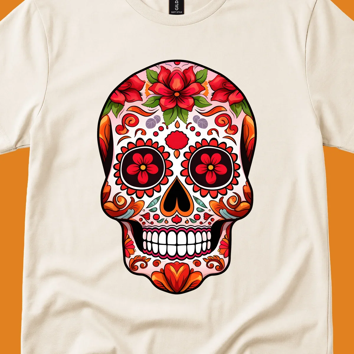 A vibrant floral sugar skull illustration, adorned with red and orange flowers, green leaves, and intricate swirling patterns.