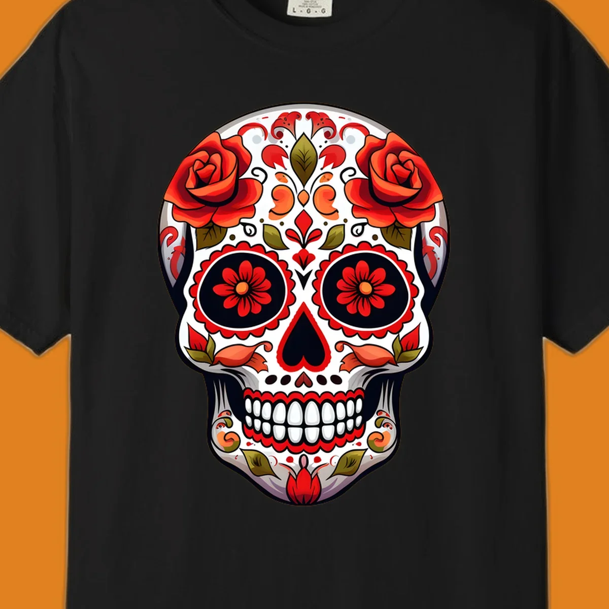 A vibrant floral calavera sugar skull with large red roses on the forehead, intricate patterns, and a heart-shaped nose.