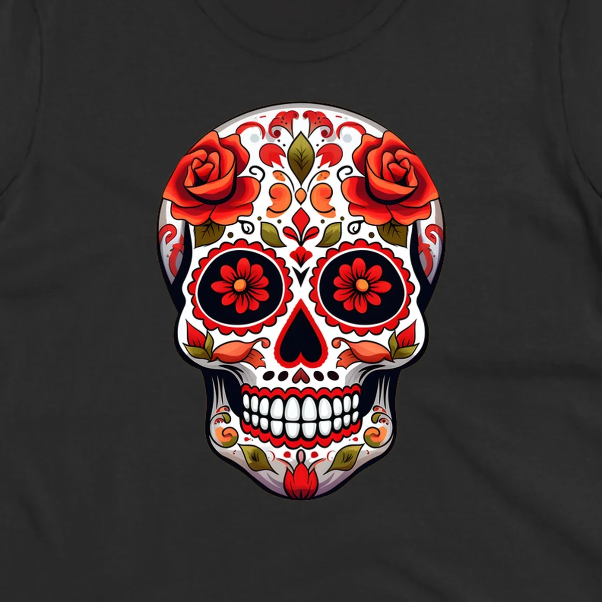 A vibrant floral calavera sugar skull with large red roses on the forehead, intricate patterns, and a heart-shaped nose.