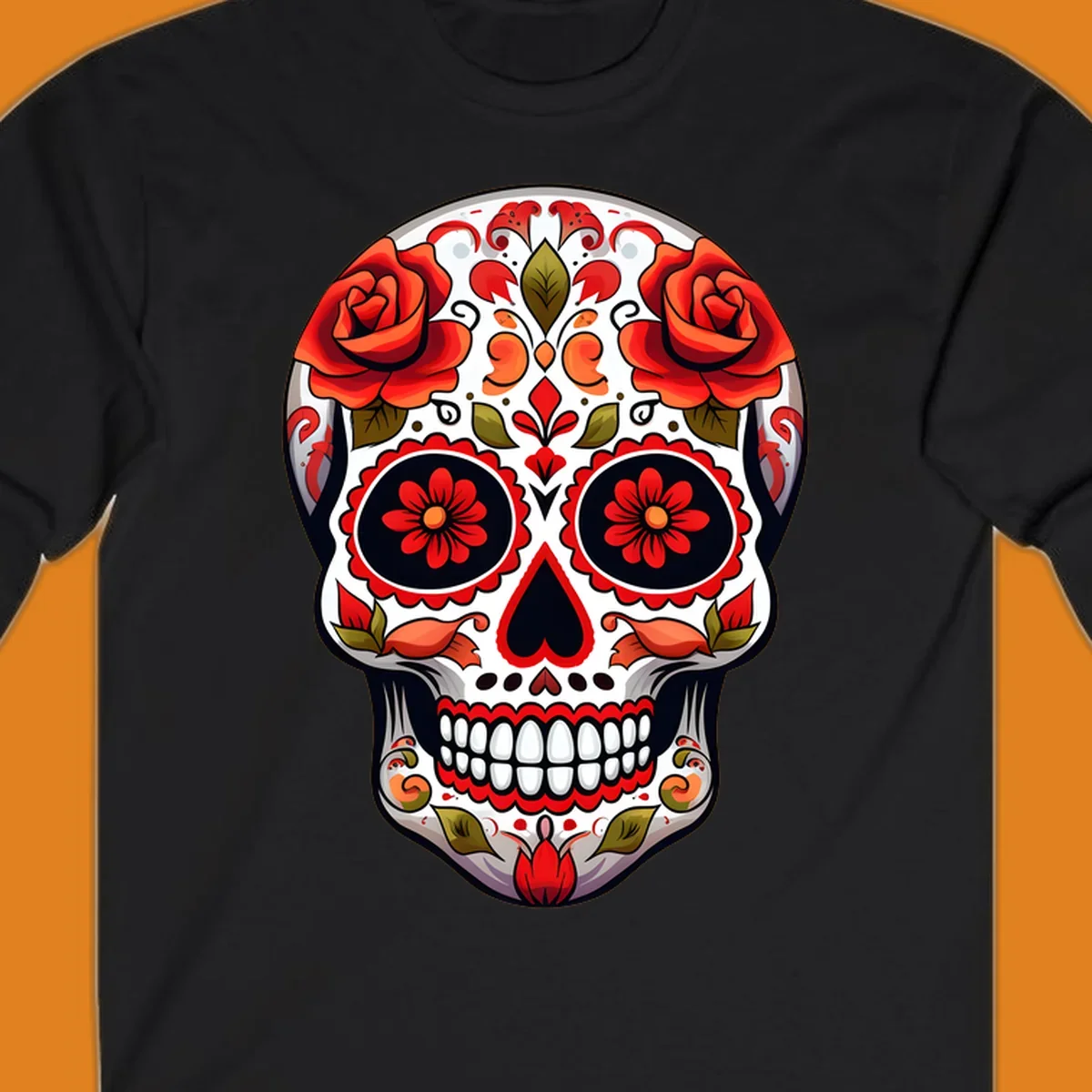 A vibrant floral calavera sugar skull with large red roses on the forehead, intricate patterns, and a heart-shaped nose.