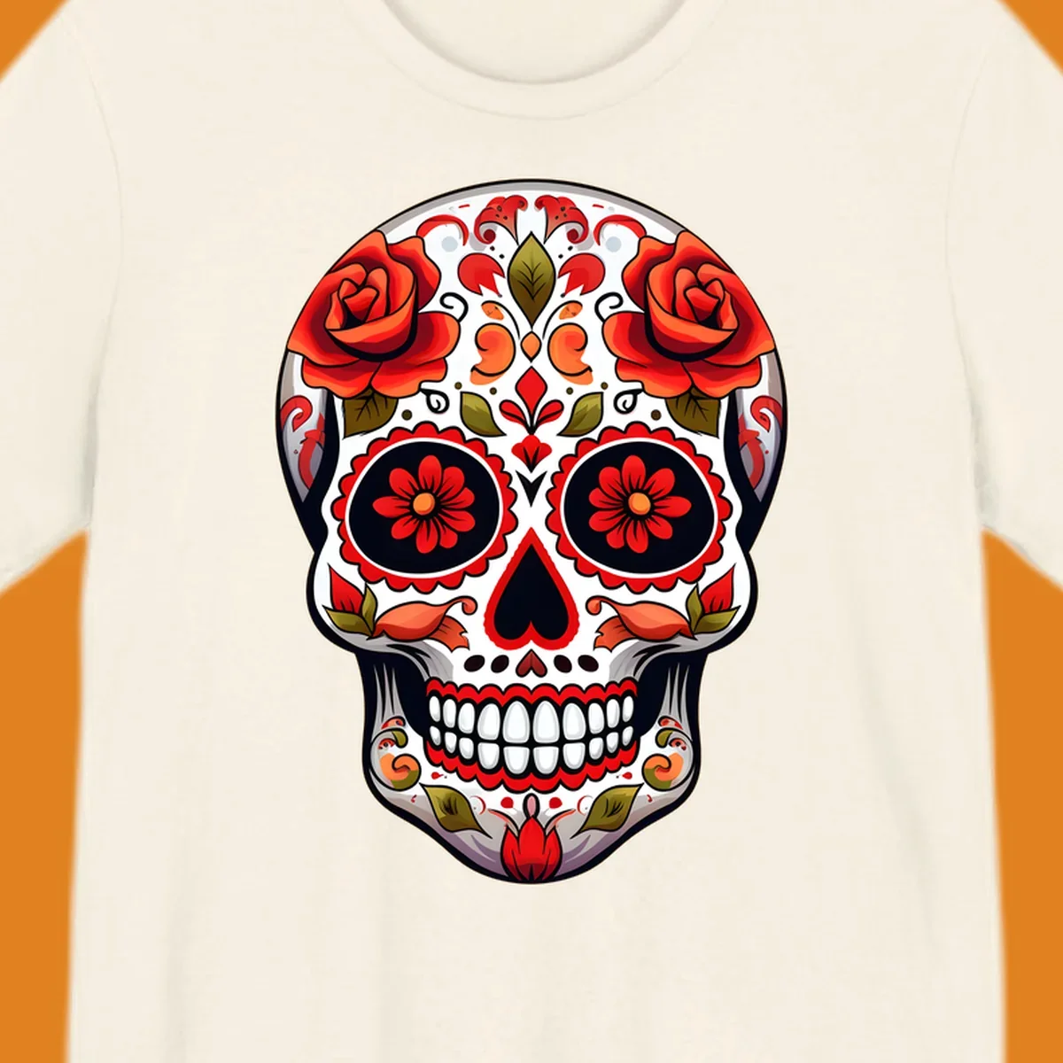 A vibrant floral calavera sugar skull with large red roses on the forehead, intricate patterns, and a heart-shaped nose.