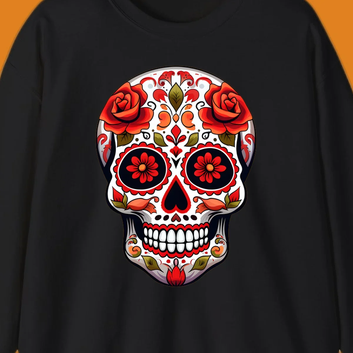 A vibrant floral calavera sugar skull with large red roses on the forehead, intricate patterns, and a heart-shaped nose.