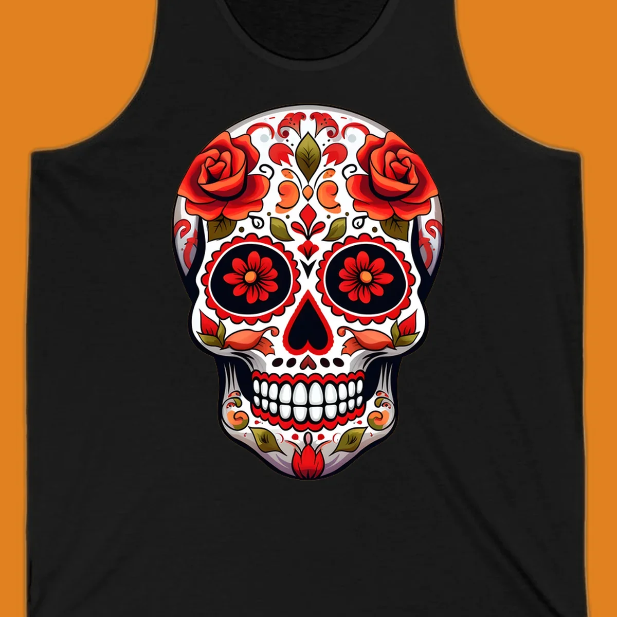 A vibrant floral calavera sugar skull with large red roses on the forehead, intricate patterns, and a heart-shaped nose.