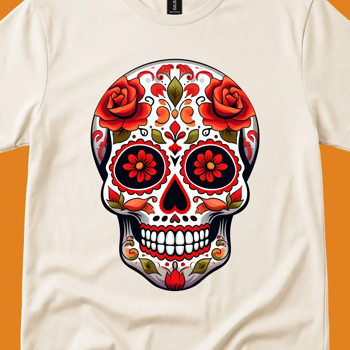 A vibrant floral calavera sugar skull with large red roses on the forehead, intricate patterns, and a heart-shaped nose.