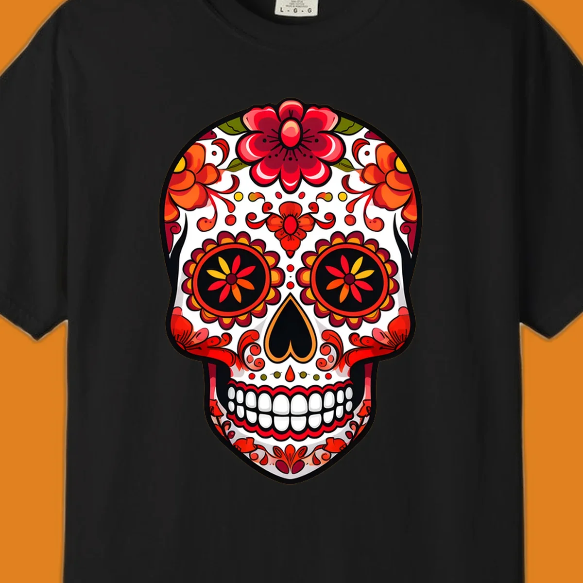 A vibrant floral sugar skull, or calavera, with red and orange flowers and intricate patterns against a white base.