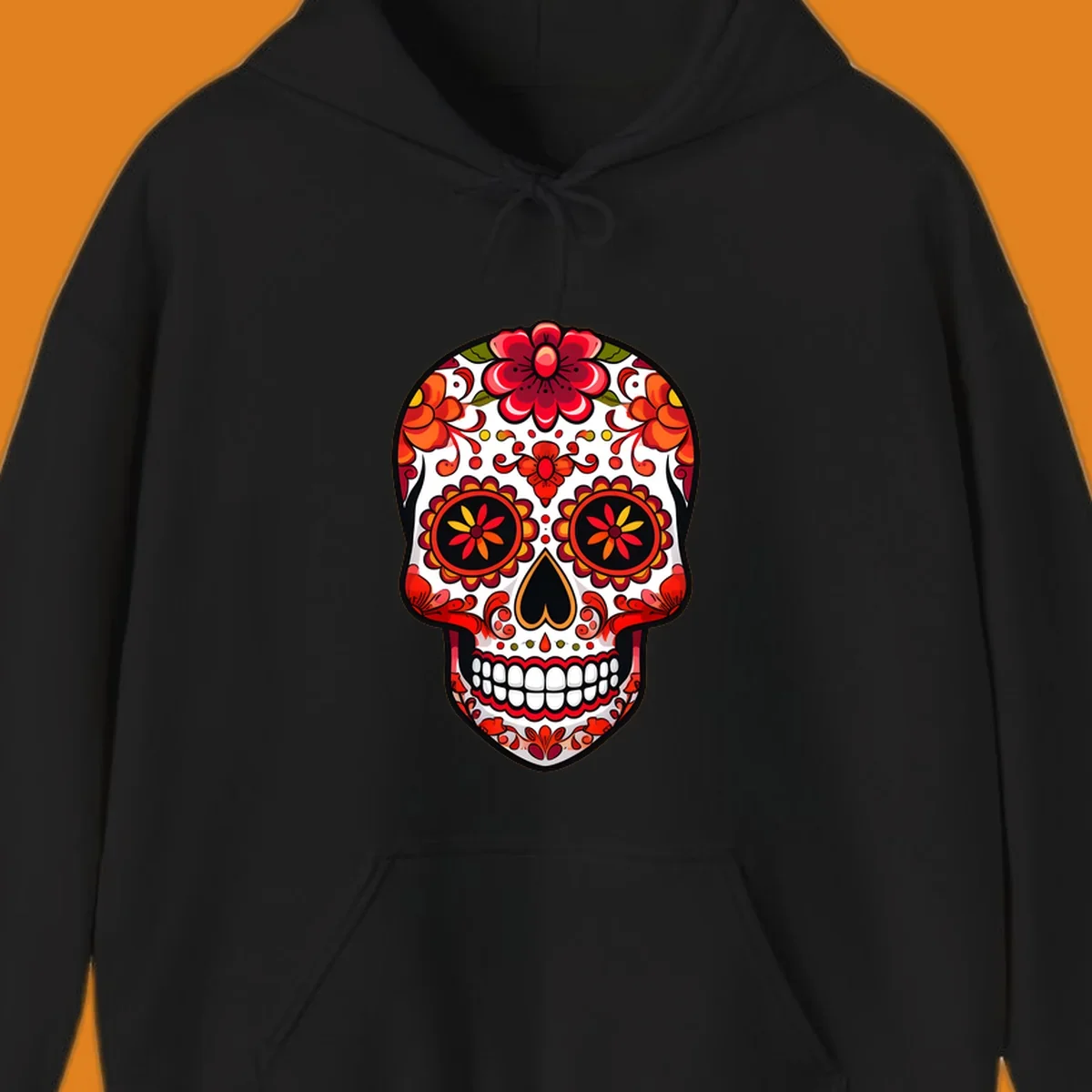 A vibrant floral sugar skull, or calavera, with red and orange flowers and intricate patterns against a white base.