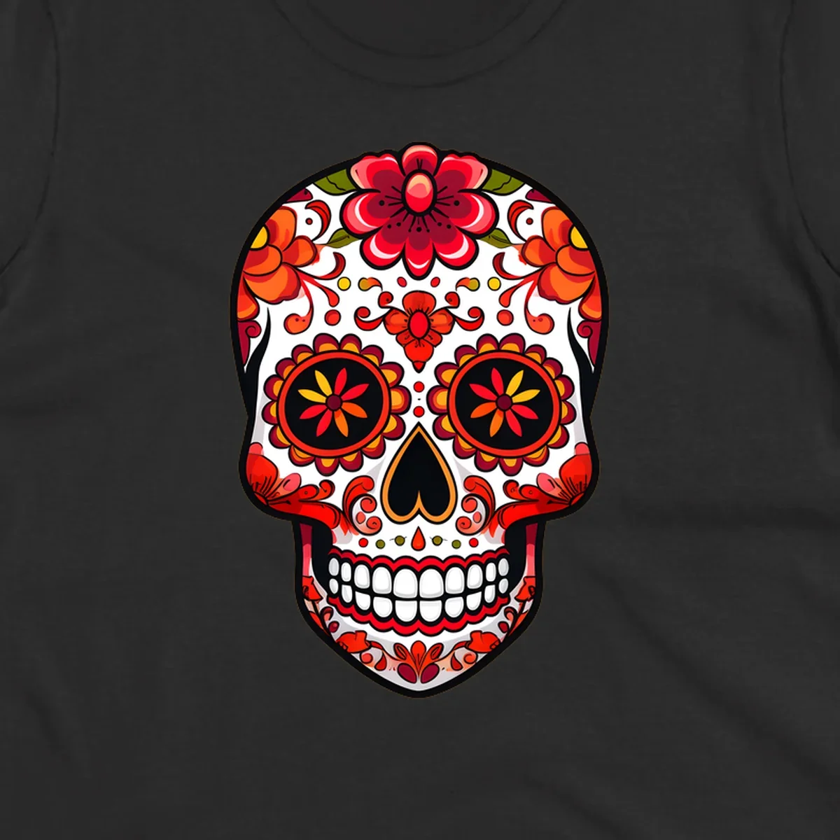 A vibrant floral sugar skull, or calavera, with red and orange flowers and intricate patterns against a white base.