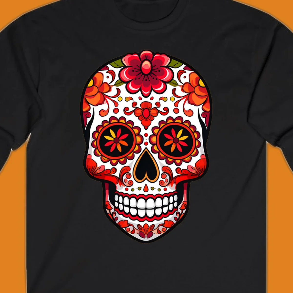 A vibrant floral sugar skull, or calavera, with red and orange flowers and intricate patterns against a white base.