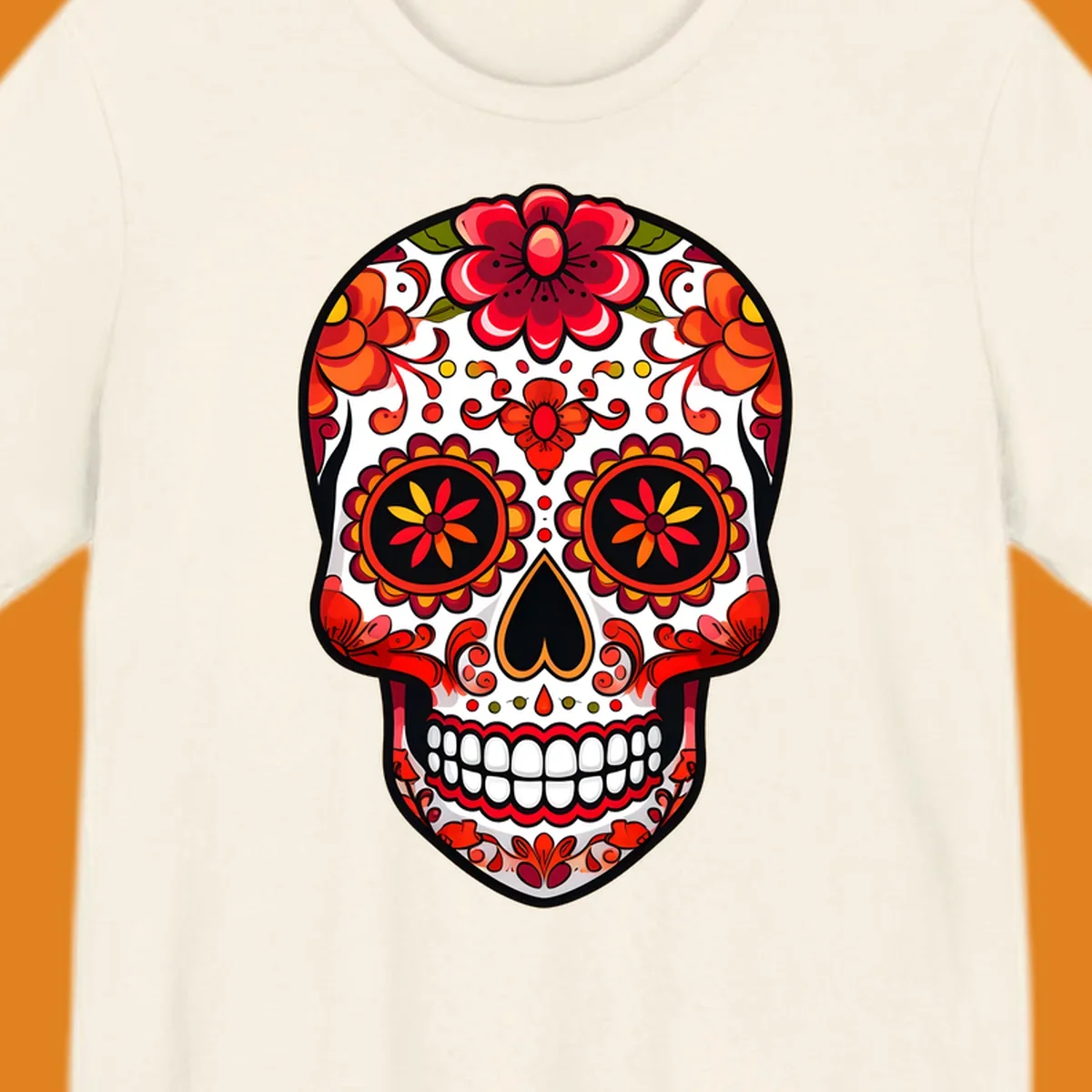 A vibrant floral sugar skull, or calavera, with red and orange flowers and intricate patterns against a white base.