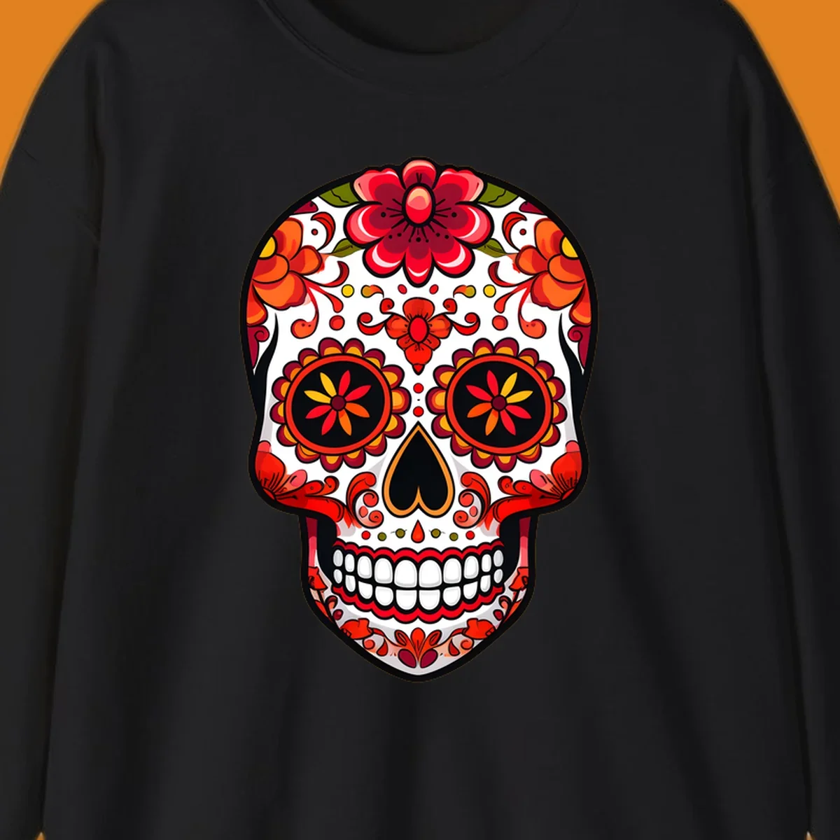 A vibrant floral sugar skull, or calavera, with red and orange flowers and intricate patterns against a white base.