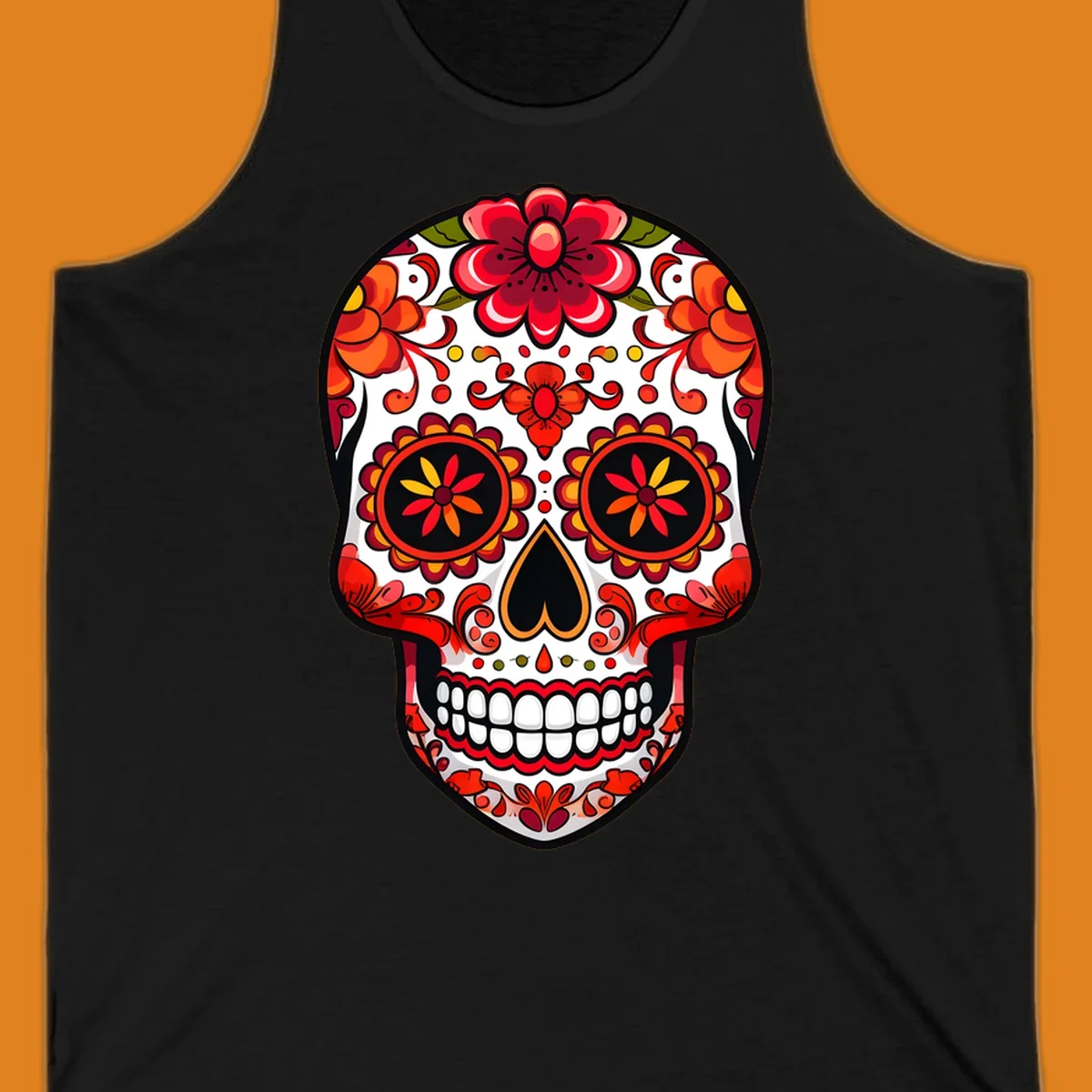 A vibrant floral sugar skull, or calavera, with red and orange flowers and intricate patterns against a white base.
