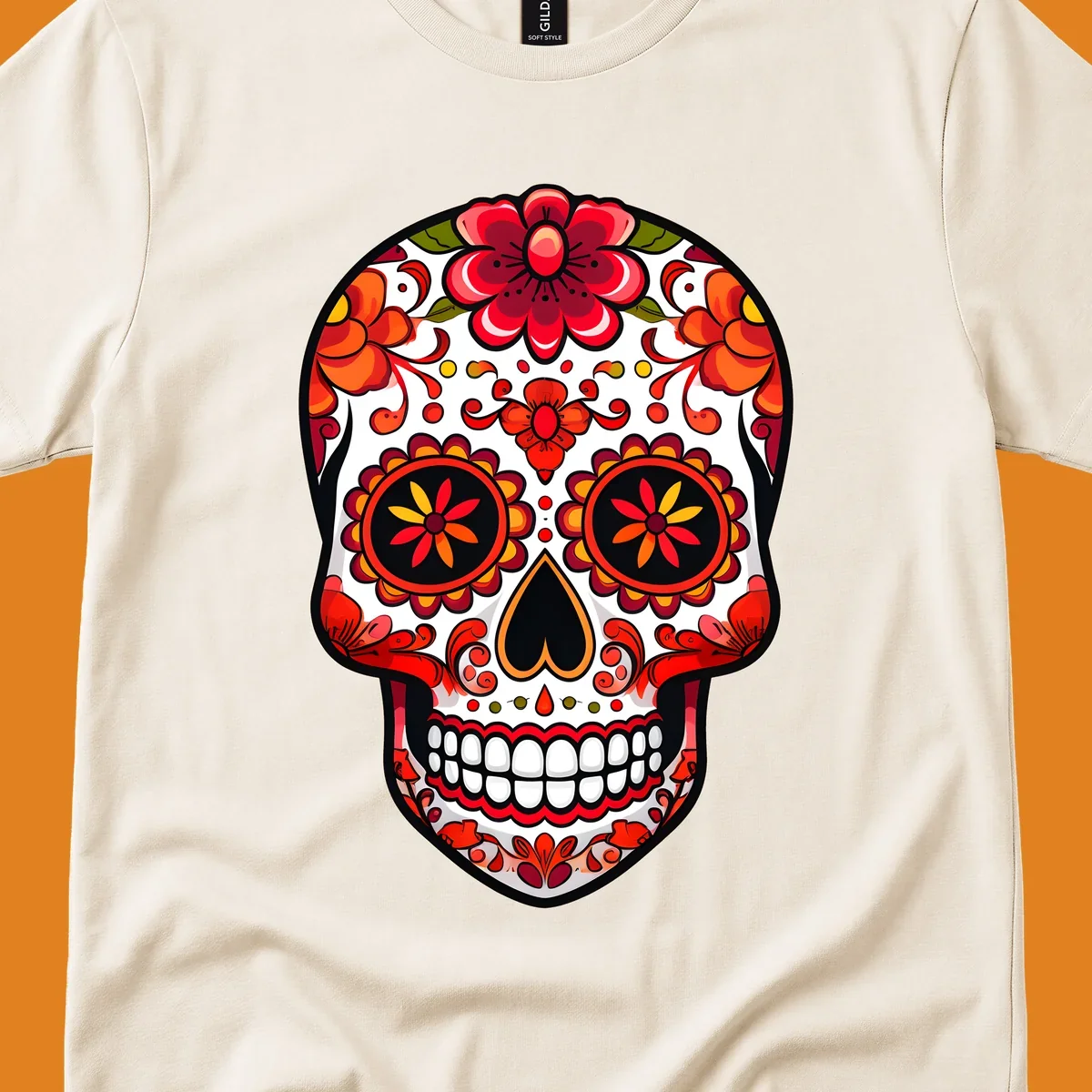 A vibrant floral sugar skull, or calavera, with red and orange flowers and intricate patterns against a white base.
