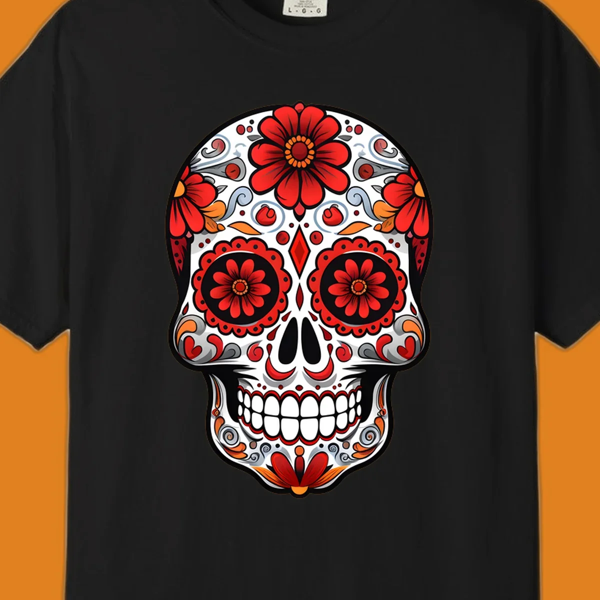 A vibrant floral sugar skull illustration, rich with red flowers, intricate swirls, and colorful accents on a white base.