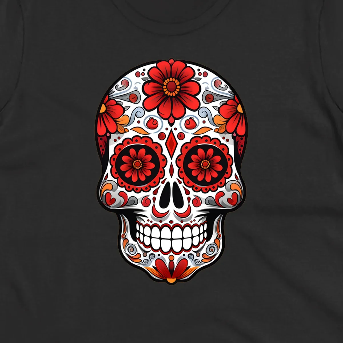 A vibrant floral sugar skull illustration, rich with red flowers, intricate swirls, and colorful accents on a white base.