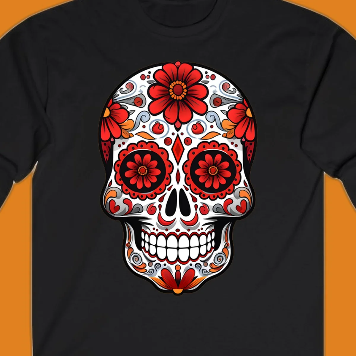 A vibrant floral sugar skull illustration, rich with red flowers, intricate swirls, and colorful accents on a white base.
