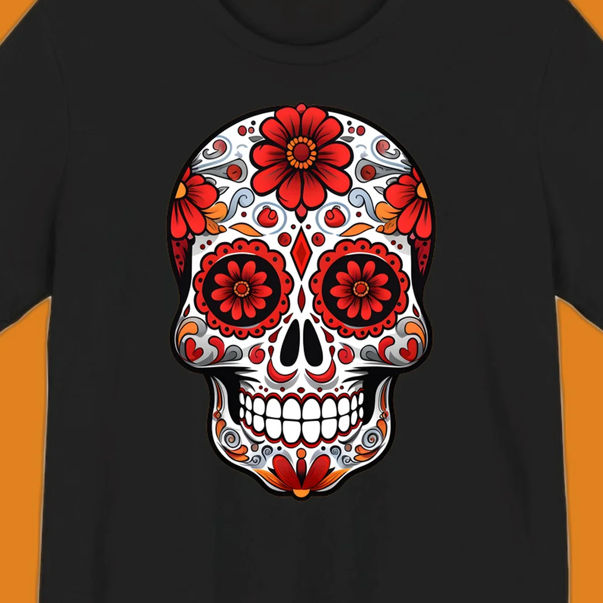 A vibrant floral sugar skull illustration, rich with red flowers, intricate swirls, and colorful accents on a white base.