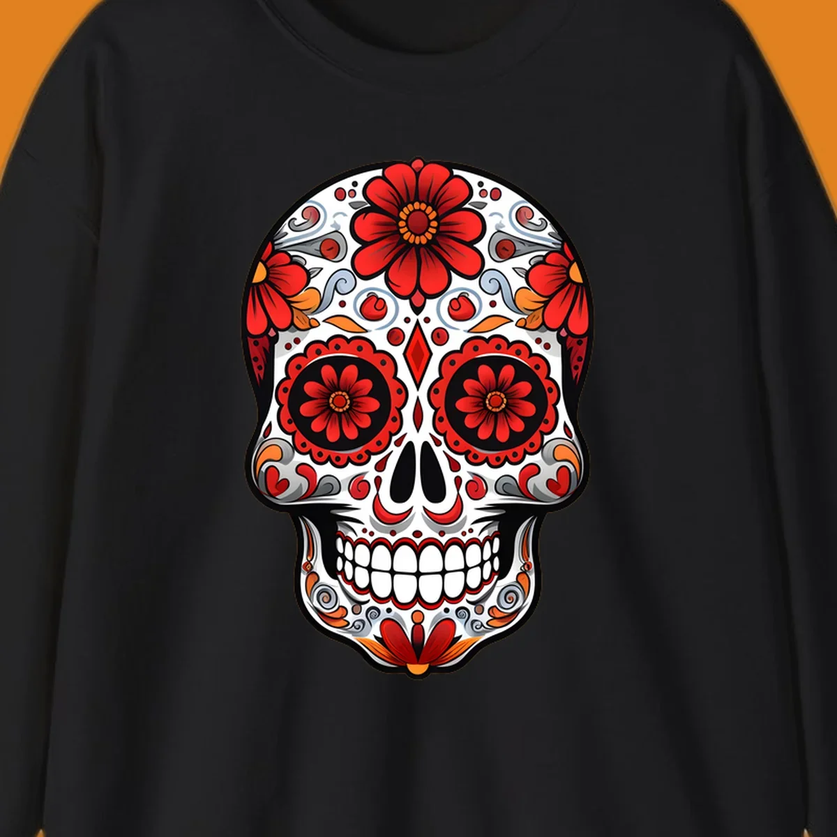 A vibrant floral sugar skull illustration, rich with red flowers, intricate swirls, and colorful accents on a white base.