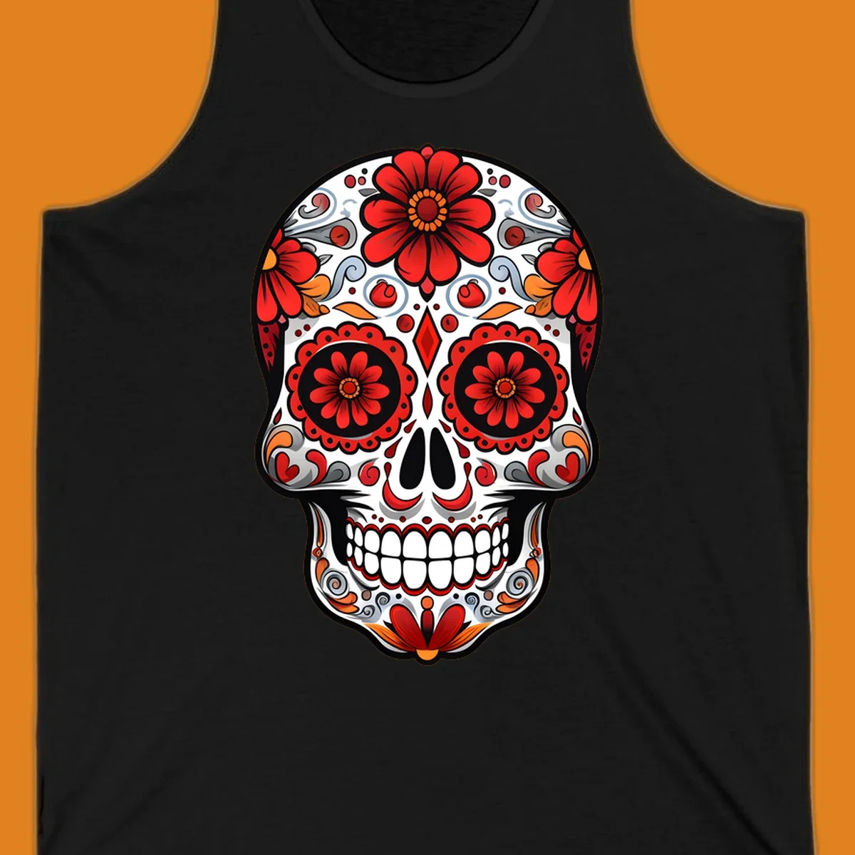 A vibrant floral sugar skull illustration, rich with red flowers, intricate swirls, and colorful accents on a white base.