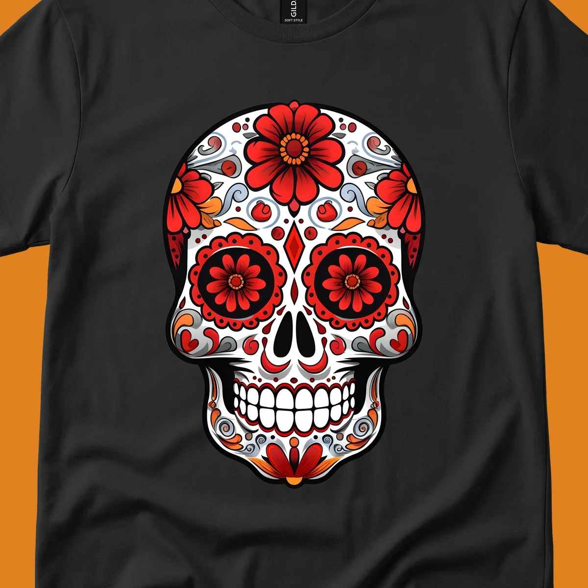 A vibrant floral sugar skull illustration, rich with red flowers, intricate swirls, and colorful accents on a white base.