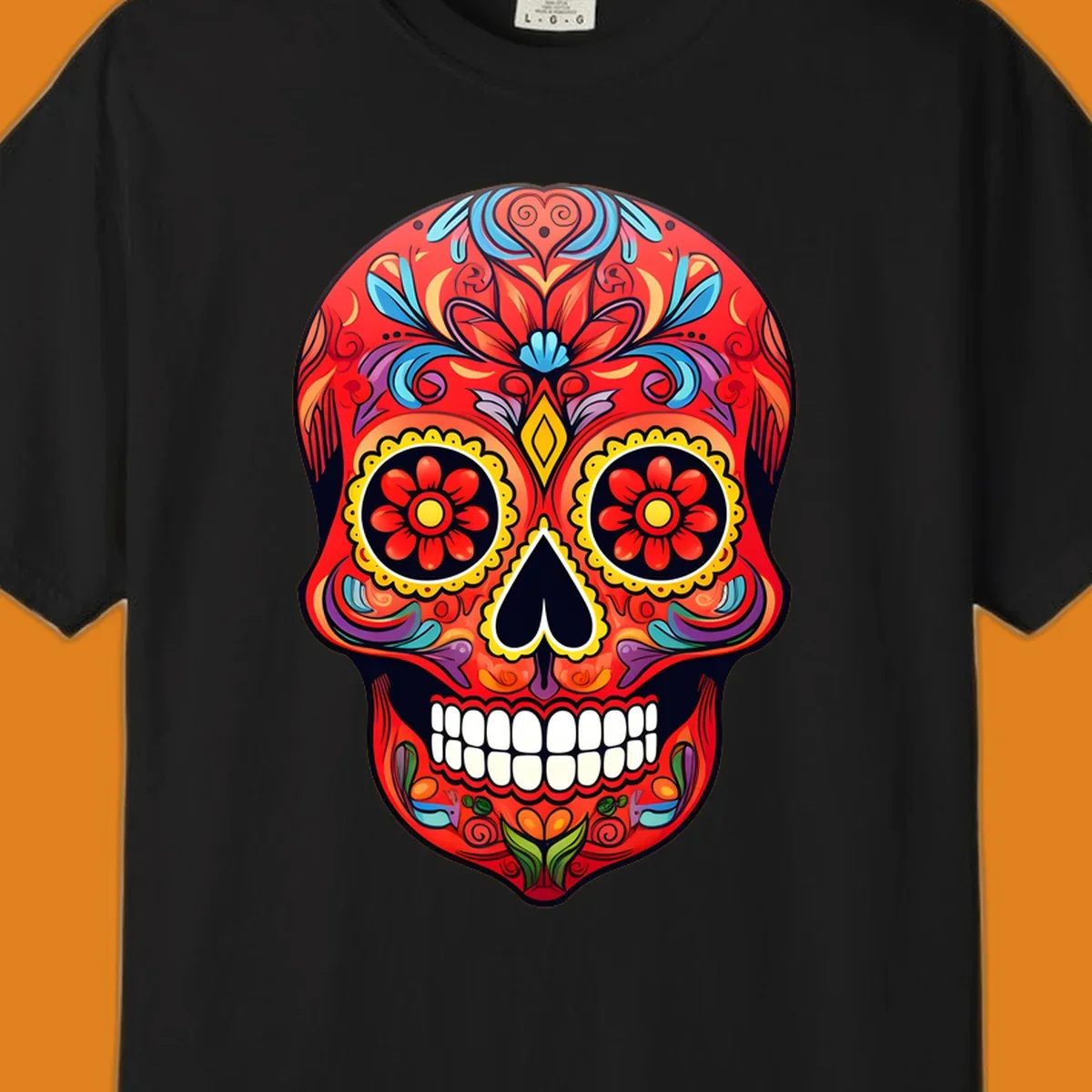 A vibrant calavera sugar skull illustration with red, blue, yellow, purple, and green floral patterns and white teeth.
