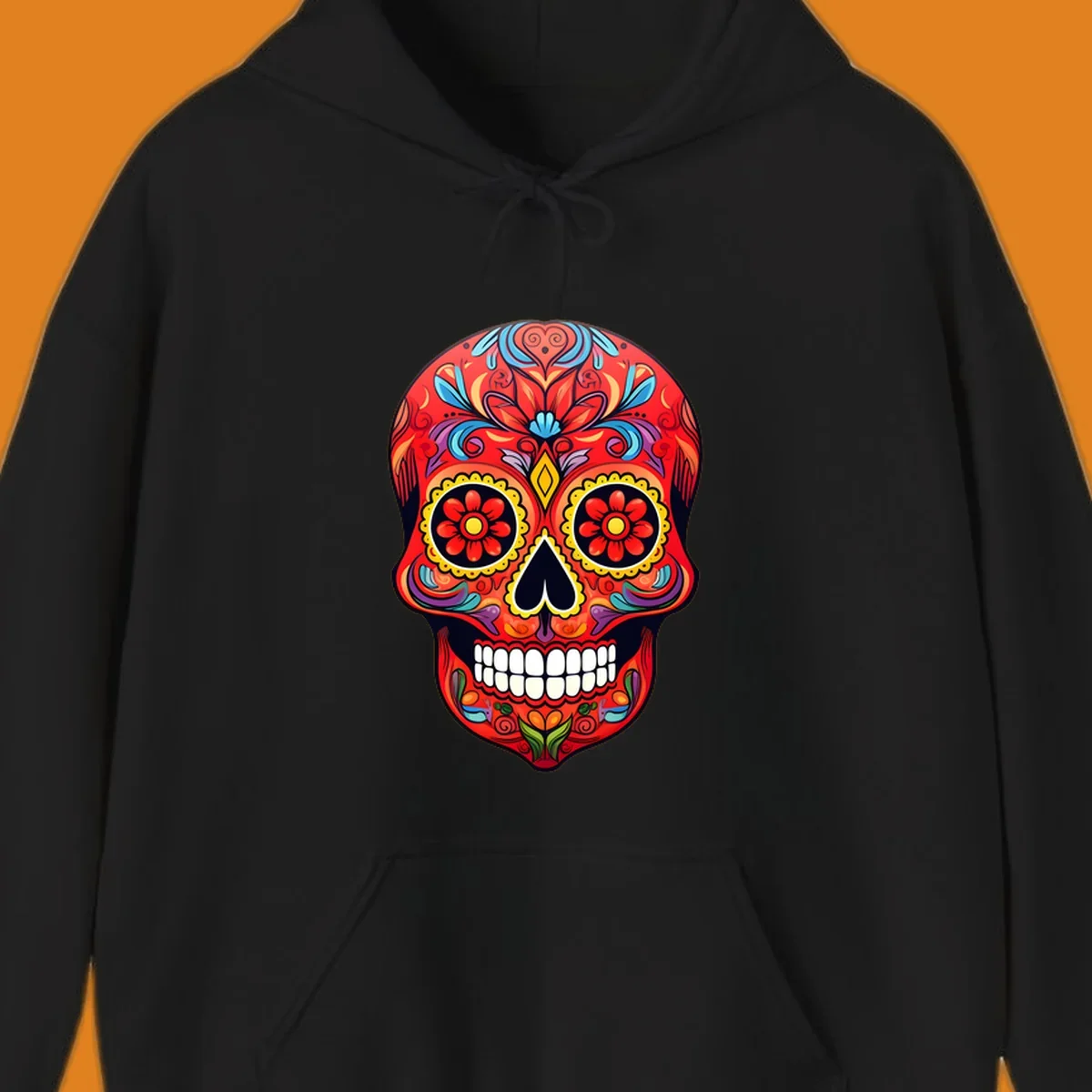 A vibrant calavera sugar skull illustration with red, blue, yellow, purple, and green floral patterns and white teeth.