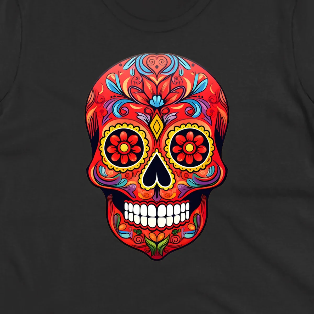 A vibrant calavera sugar skull illustration with red, blue, yellow, purple, and green floral patterns and white teeth.