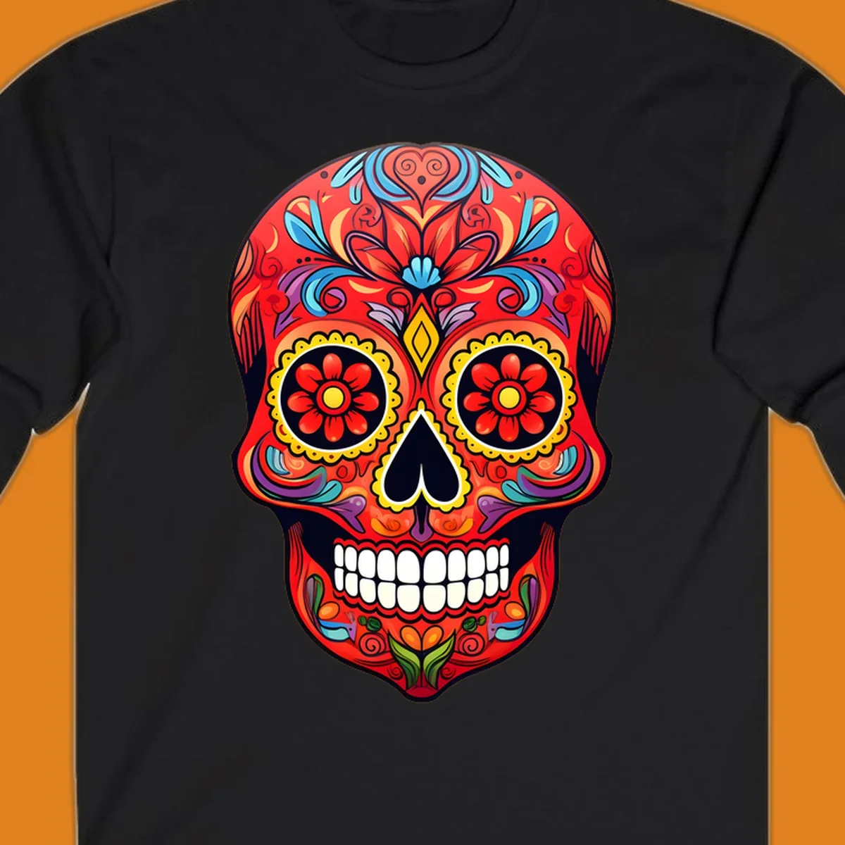 A vibrant calavera sugar skull illustration with red, blue, yellow, purple, and green floral patterns and white teeth.