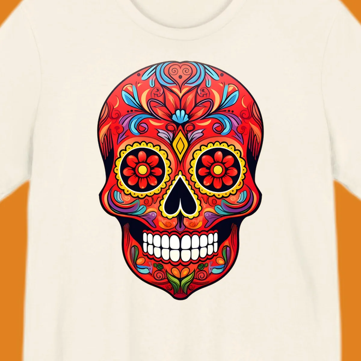 A vibrant calavera sugar skull illustration with red, blue, yellow, purple, and green floral patterns and white teeth.