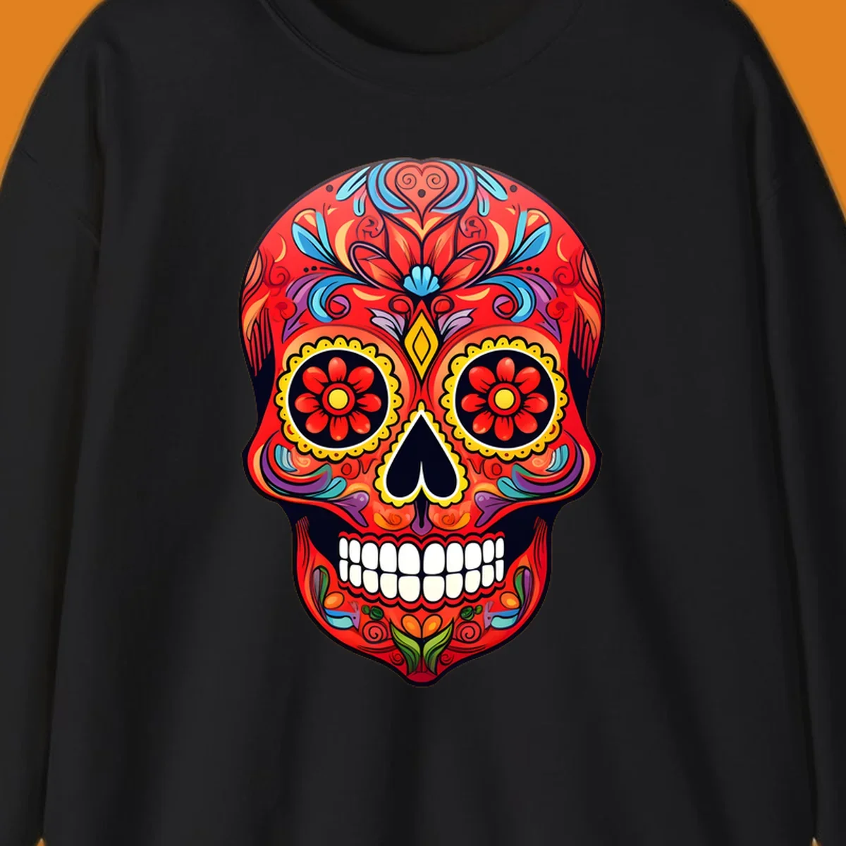 A vibrant calavera sugar skull illustration with red, blue, yellow, purple, and green floral patterns and white teeth.