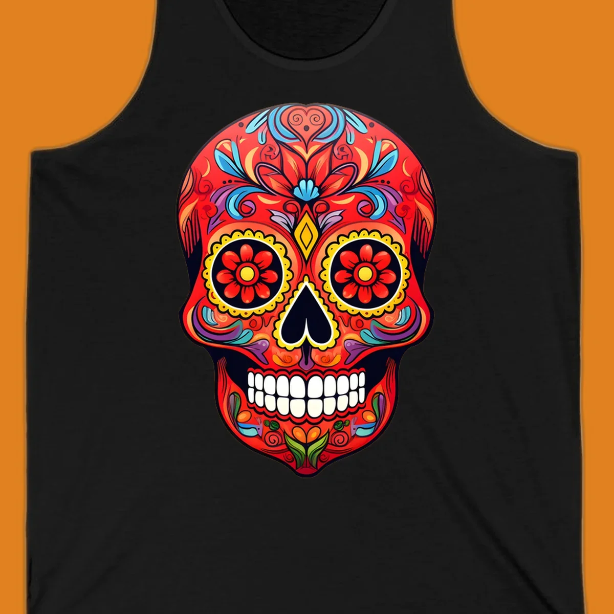 A vibrant calavera sugar skull illustration with red, blue, yellow, purple, and green floral patterns and white teeth.