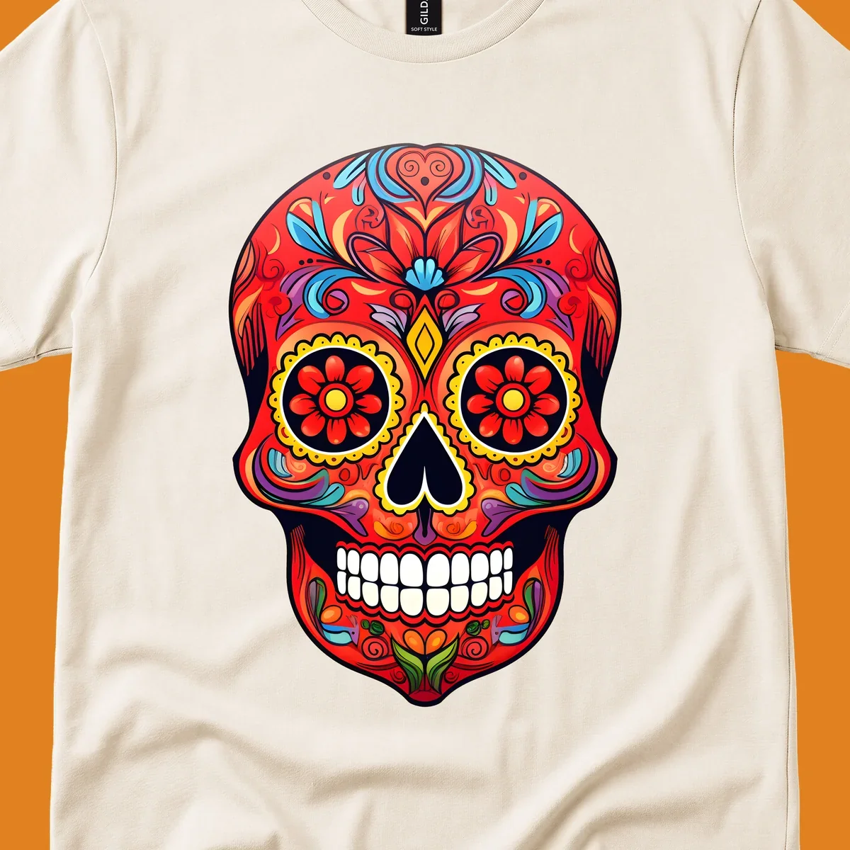 A vibrant calavera sugar skull illustration with red, blue, yellow, purple, and green floral patterns and white teeth.
