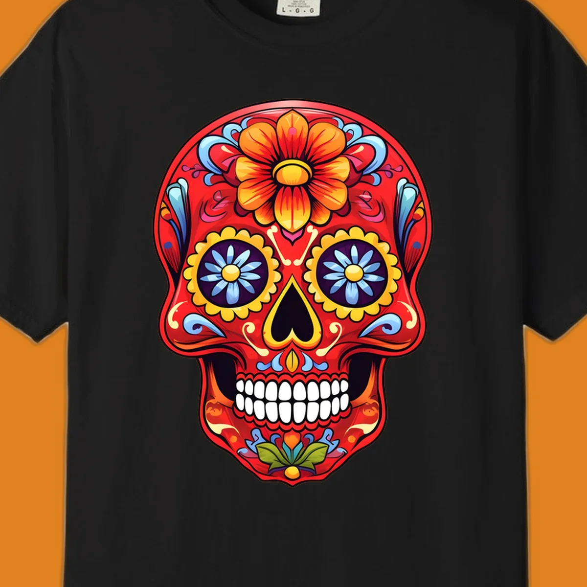 A vibrant, red colorful sugar skull illustration with large orange and yellow flowers on the forehead, blue flower eyes, and intricate swirls.