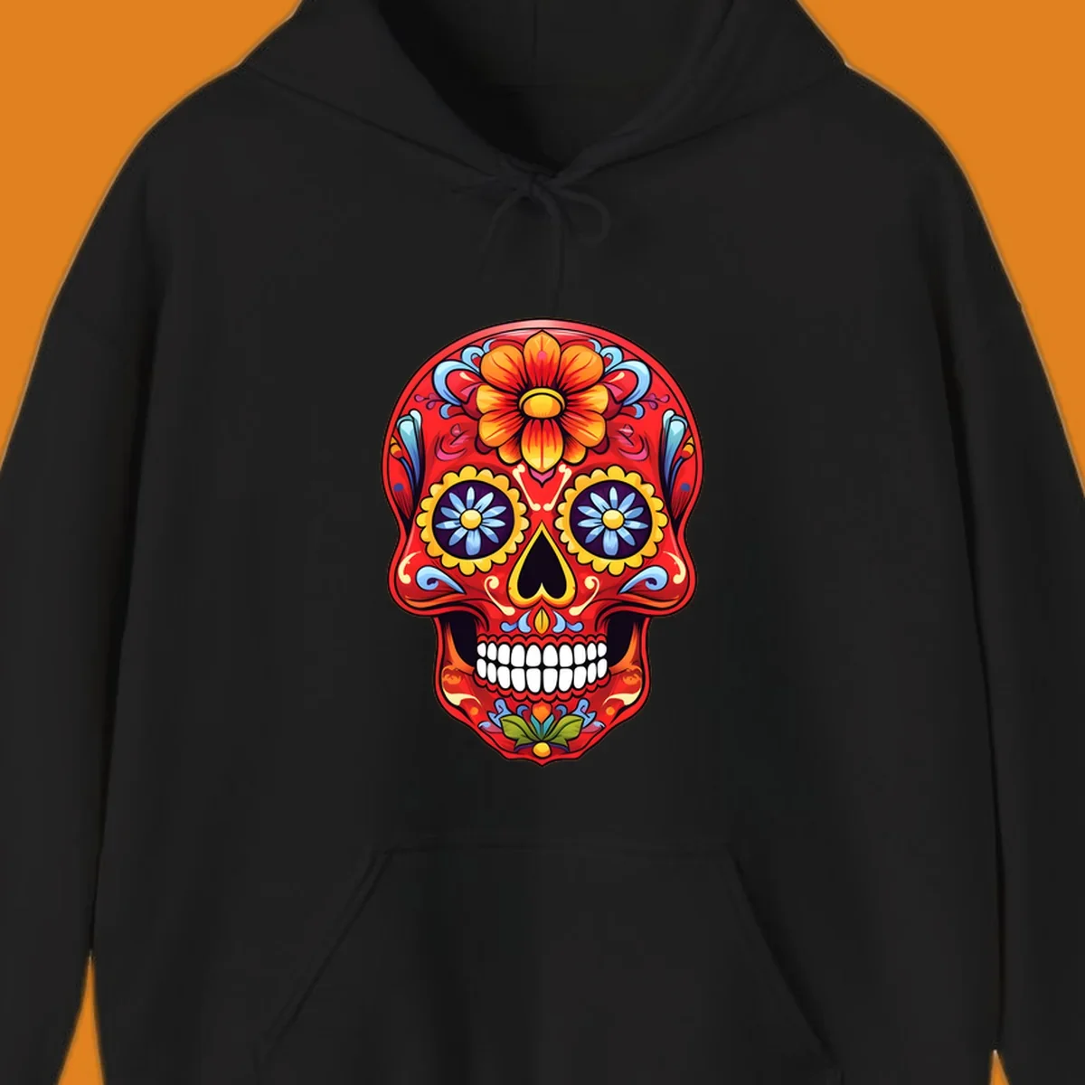 A vibrant, red colorful sugar skull illustration with large orange and yellow flowers on the forehead, blue flower eyes, and intricate swirls.