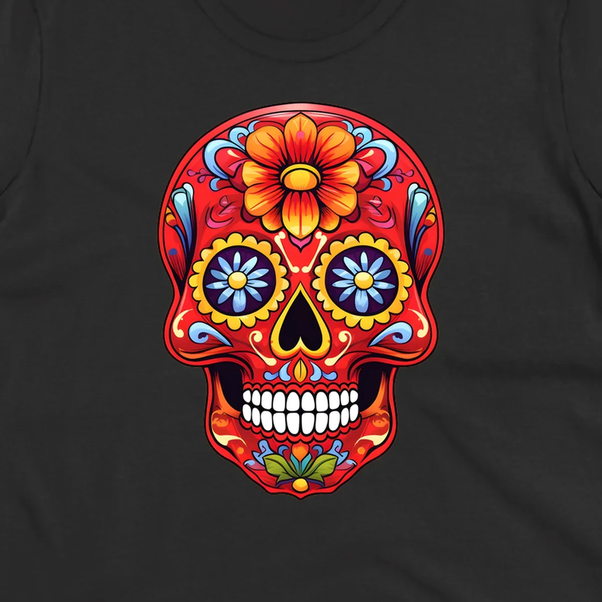 A vibrant, red colorful sugar skull illustration with large orange and yellow flowers on the forehead, blue flower eyes, and intricate swirls.