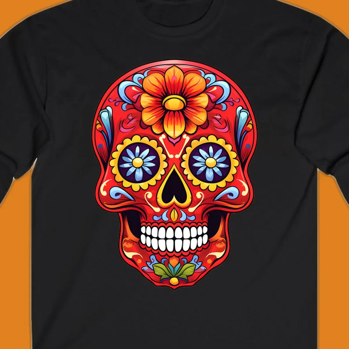 A vibrant, red colorful sugar skull illustration with large orange and yellow flowers on the forehead, blue flower eyes, and intricate swirls.