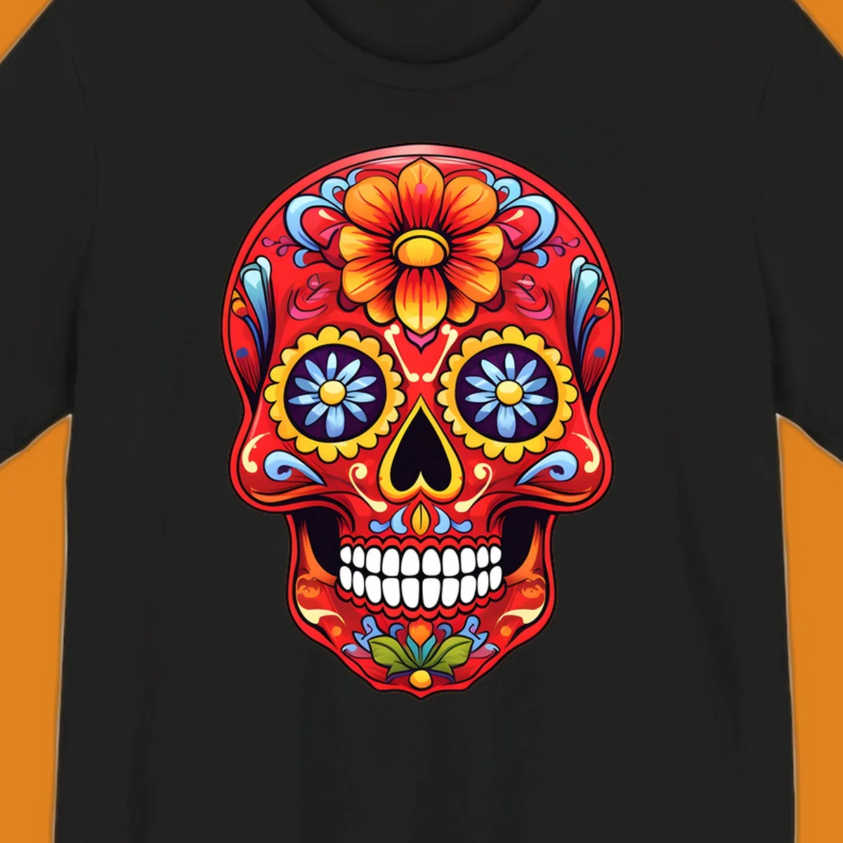 A vibrant, red colorful sugar skull illustration with large orange and yellow flowers on the forehead, blue flower eyes, and intricate swirls.