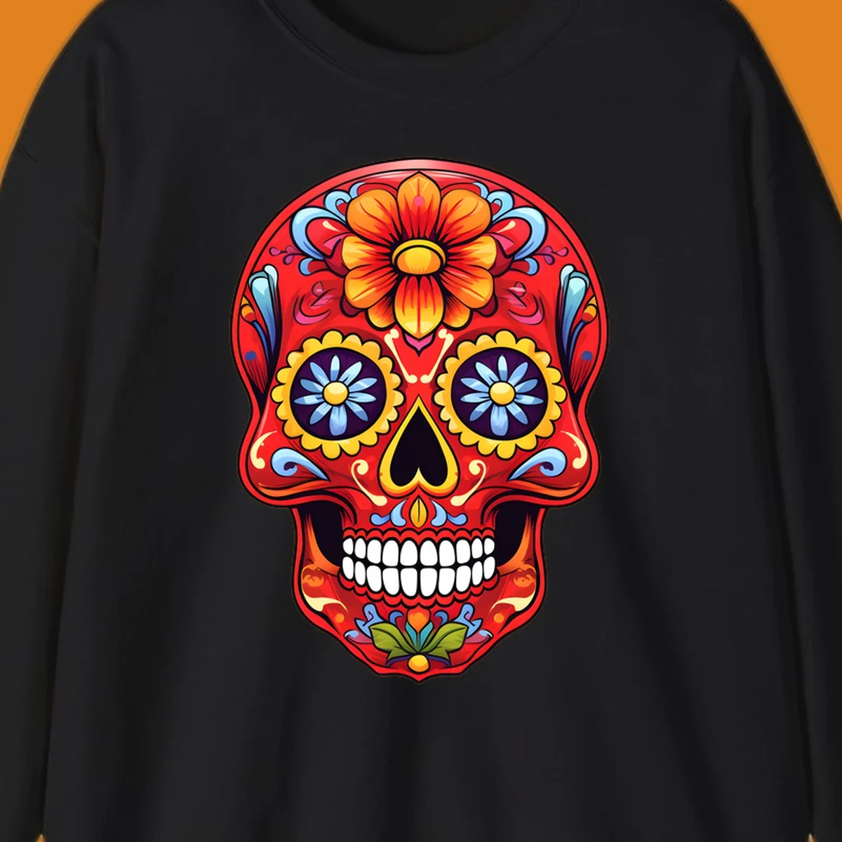 A vibrant, red colorful sugar skull illustration with large orange and yellow flowers on the forehead, blue flower eyes, and intricate swirls.