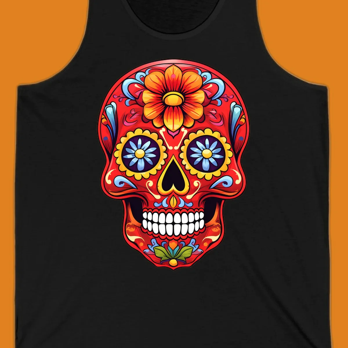 A vibrant, red colorful sugar skull illustration with large orange and yellow flowers on the forehead, blue flower eyes, and intricate swirls.