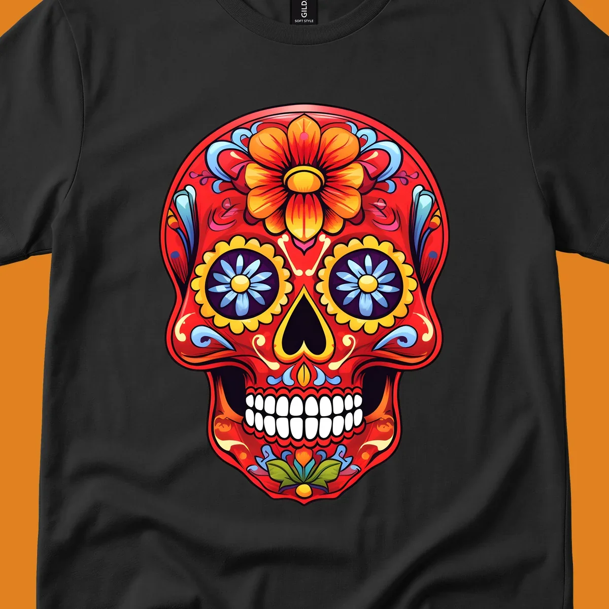 A vibrant, red colorful sugar skull illustration with large orange and yellow flowers on the forehead, blue flower eyes, and intricate swirls.