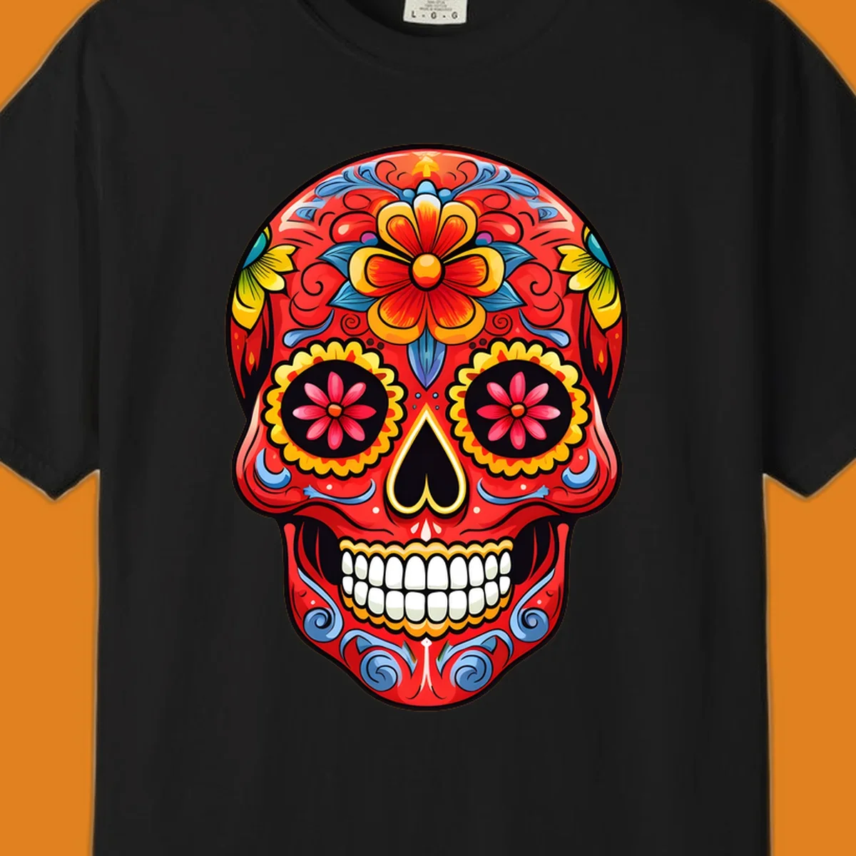 Vibrant floral sugar skull calavera illustration, richly decorated with red, yellow, blue flowers and ornate scrollwork.