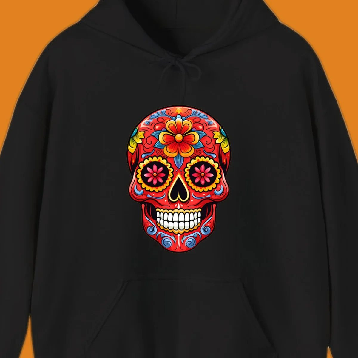 Vibrant floral sugar skull calavera illustration, richly decorated with red, yellow, blue flowers and ornate scrollwork.