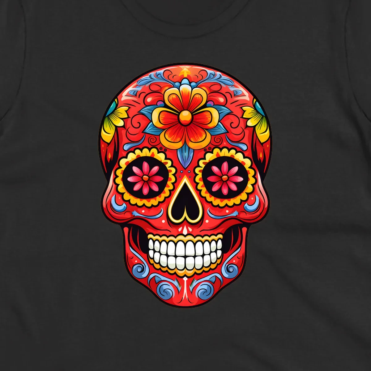 Vibrant floral sugar skull calavera illustration, richly decorated with red, yellow, blue flowers and ornate scrollwork.