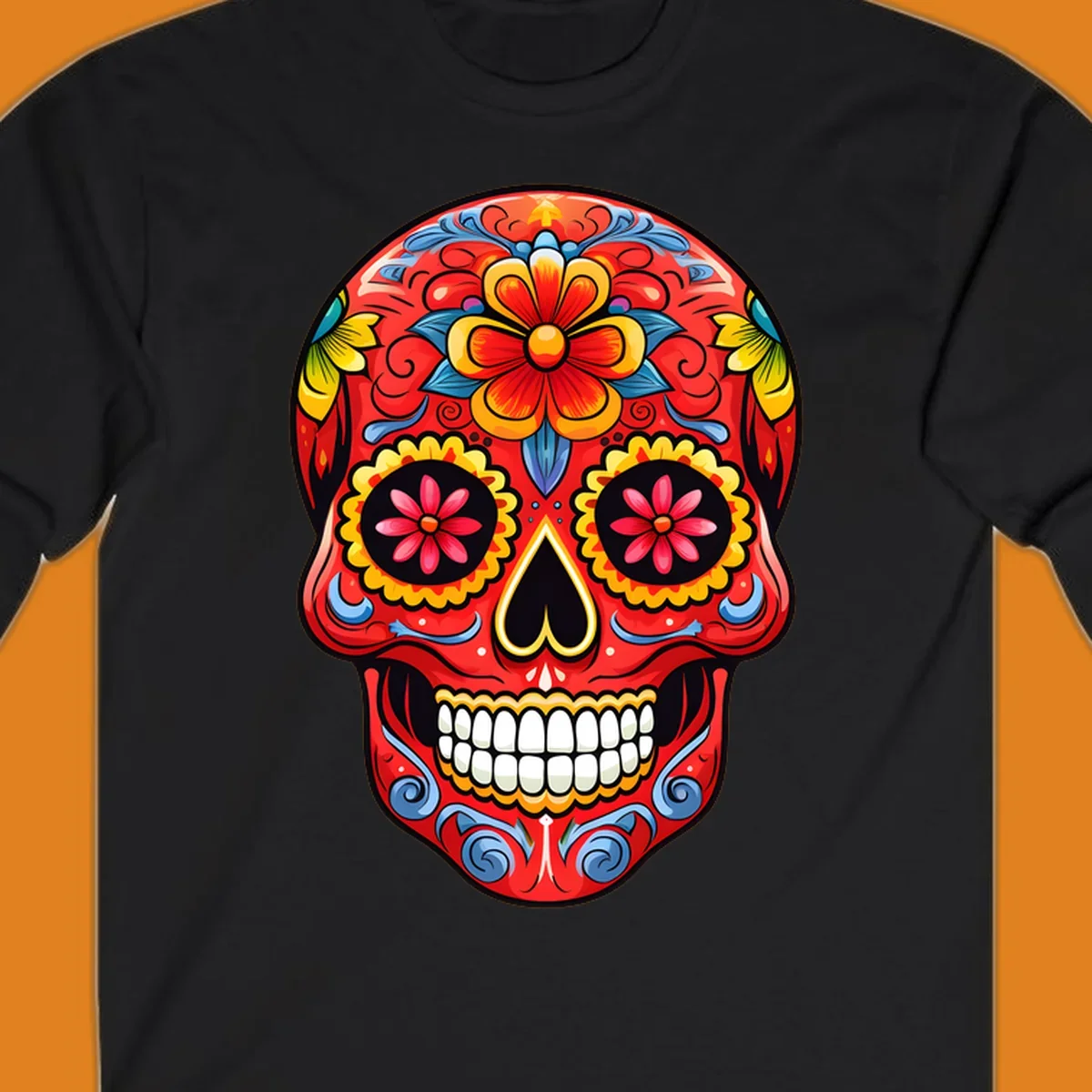 Vibrant floral sugar skull calavera illustration, richly decorated with red, yellow, blue flowers and ornate scrollwork.