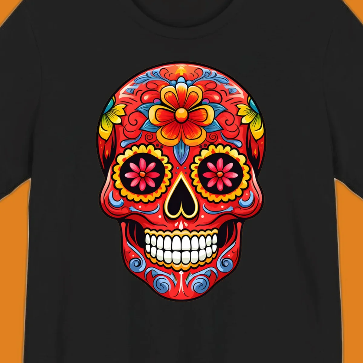 Vibrant floral sugar skull calavera illustration, richly decorated with red, yellow, blue flowers and ornate scrollwork.