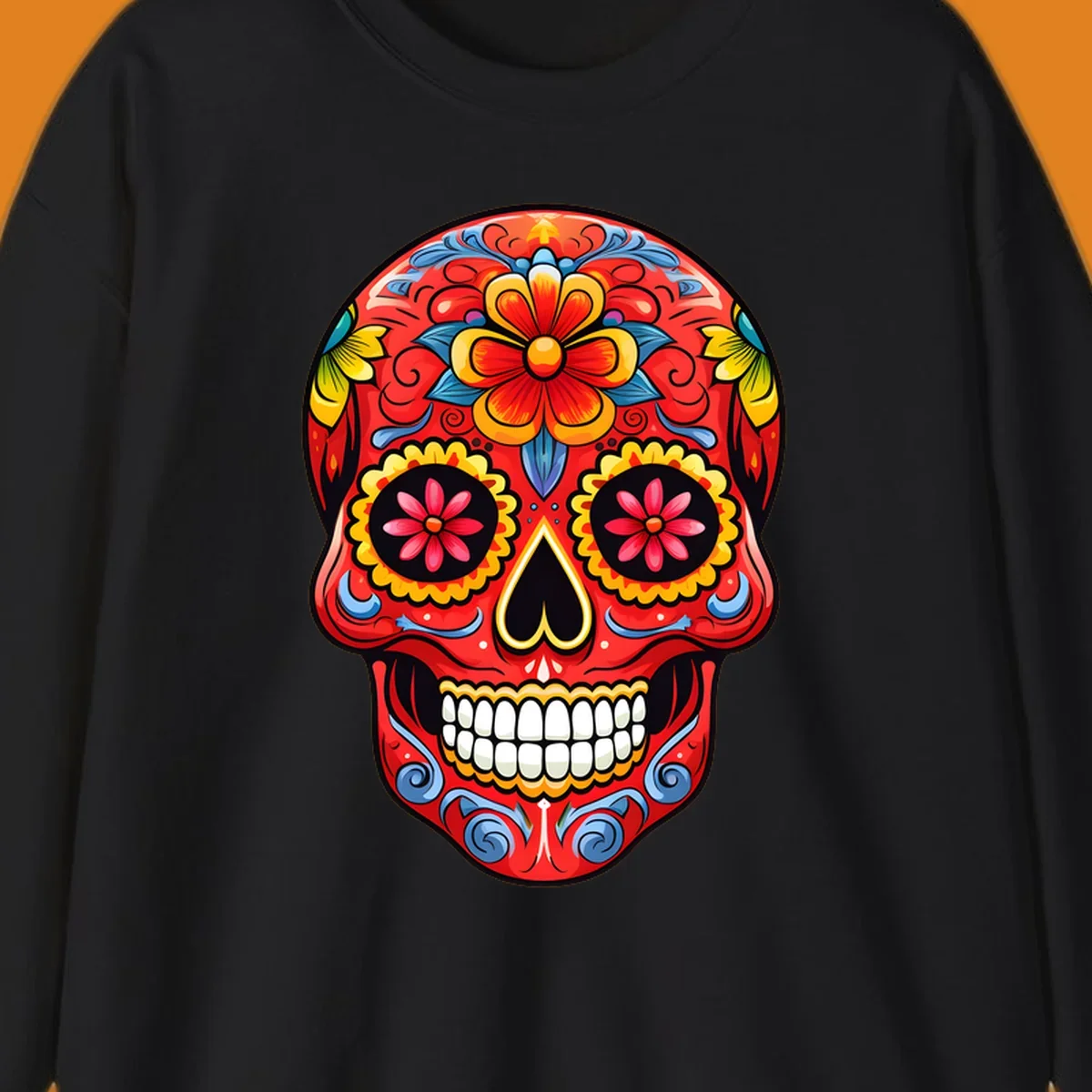 Vibrant floral sugar skull calavera illustration, richly decorated with red, yellow, blue flowers and ornate scrollwork.