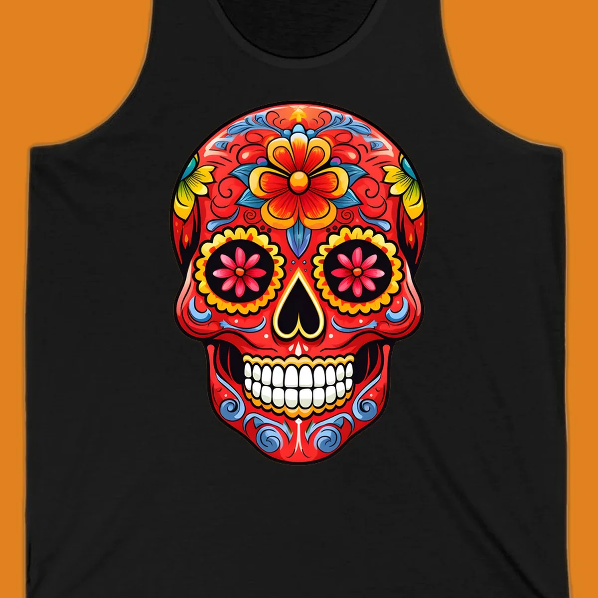 Vibrant floral sugar skull calavera illustration, richly decorated with red, yellow, blue flowers and ornate scrollwork.