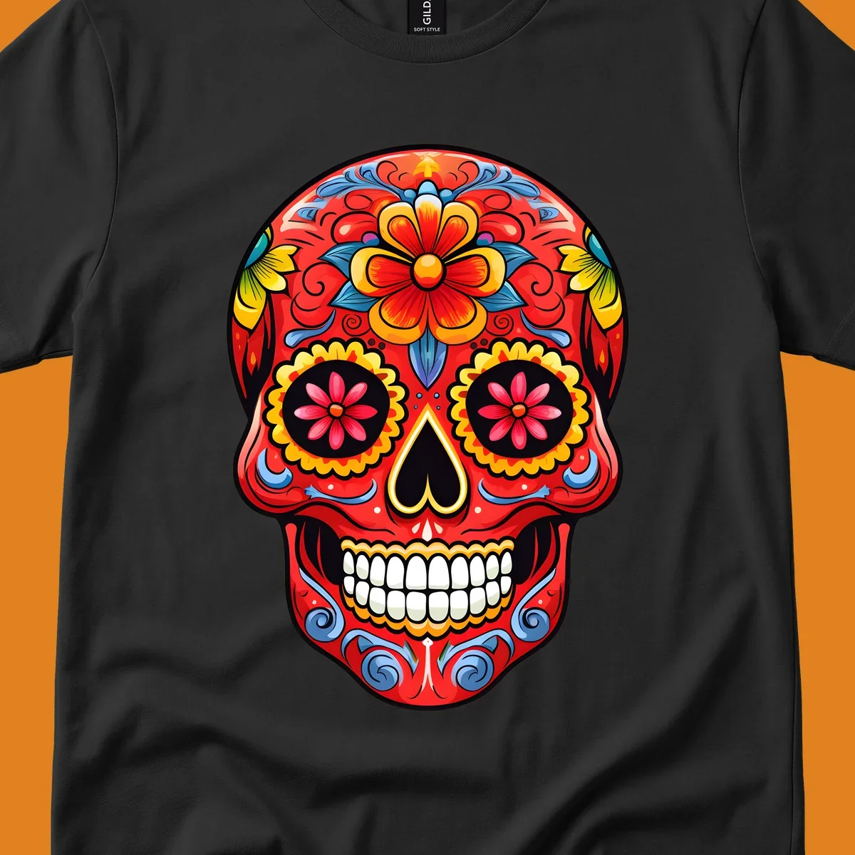 Vibrant floral sugar skull calavera illustration, richly decorated with red, yellow, blue flowers and ornate scrollwork.